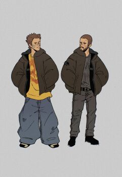 Rule 34 | 2boys, bald, before and after, black jacket, breaking bad, hands in pockets, highres, jacket, jesse pinkman, looking at another, male focus, multiple boys, open clothes, open jacket, scar, scar on face, short hair, soulfullhyena