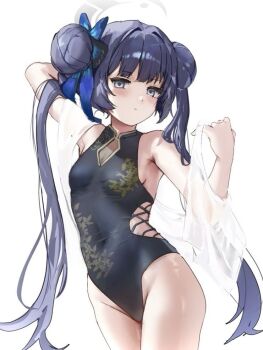 1girl alternate_costume arm_behind_head black_hair black_one-piece_swimsuit blue_archive blue_eyes blue_hair blush breasts butterfly_hair_ornament cleavage_cutout clothing_cutout collared_one-piece_swimsuit covered_erect_nipples double_bun grey_eyes hair_bun hair_ornament halo hinaumma kisaki_(blue_archive) leaf_print long_hair long_twintails one-piece_swimsuit shawl small_breasts solo standing swimsuit twintails white_background white_shawl