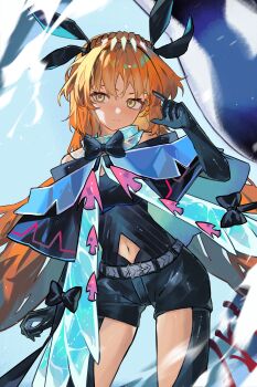 1girl absurdres adapted_costume arknights bare_shoulders belt black_bow black_capelet black_gloves black_pants bow brown_hairband capelet clothing_cutout clynxen commentary cosplay cowboy_shot elbow_gloves gloves grey_belt hair_between_eyes hairband hand_up highres ishmael_(project_moon) limbus_company long_hair looking_at_viewer navel navel_cutout off-shoulder_capelet orange_eyes orange_hair pants project_moon skadi_(arknights) standing thigh_cutout tidal_elegy_(e.g.o) twintails water