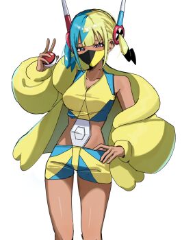 1girl absurdres aqua_hair aqua_shorts bare_shoulders black_mask blonde_hair blue_eyes breasts canari_(pokemon) center-flap_bangs coat collarbone cosplay crop_top dark-skinned_female dark_skin elesa_(pokemon) elesa_(pokemon)_(cosplay) fur_coat headphones highres holding holding_poke_ball kairi0w0 mask medium_breasts mouth_mask multicolored_hair nintendo poke_ball pokemon pokemon_bw2 pokemon_legends:_z-a short_twintails shorts sleeveless split-color_hair twintails two-tone_mask two-tone_shorts yellow_coat yellow_mask yellow_shorts