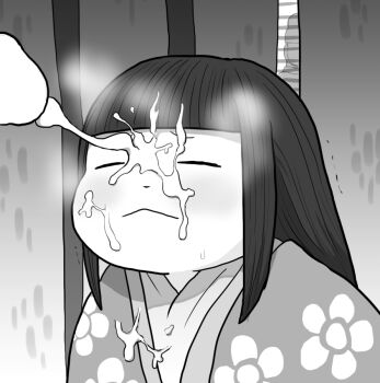 1boy 1girl 1other :&lt; blank_censor blunt_bangs blush censored closed_eyes closed_mouth cum cum_on_body cum_on_clothes cum_string curtains facial furrowed_brow greyscale haori hetero japanese_clothes kaguya-hime_no_monogatari kimono long_hair me_no_warawa monochrome penis stealth_sex trembling upper_body yoshino_norihito