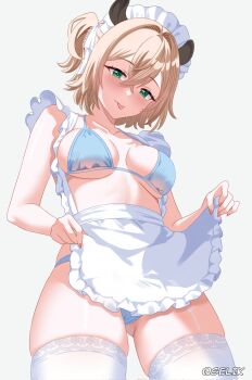 1girl :p animal_ears apron artist_name blonde_hair blush bra breasts closed_mouth commentary cowboy_shot fingernails frilled_apron frills from_below gelik gluteal_fold green_eyes hair_between_eyes hairband highres indie_virtual_youtuber lifting_own_clothes looking_at_viewer maid_headdress medium_hair nail_polish nimi_nightmare panties pink_nails short_side_ponytail side_ponytail simple_background solo tapir_ears tapir_girl thighhighs thighs tongue tongue_out underwear virtual_youtuber waist_apron watermark white_apron white_background white_bra white_panties white_thighhighs