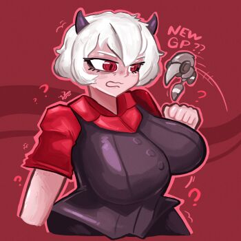 1girl 1other ? ?? black_pants breasts collared_shirt commentary demon_girl demon_horns english_commentary english_text geometry_dash highres horns jacket kervythecreator large_breasts malina_(helltaker) pants red_eyes red_shirt shirt short_hair sleeveless sleeveless_jacket suit_jacket white_hair