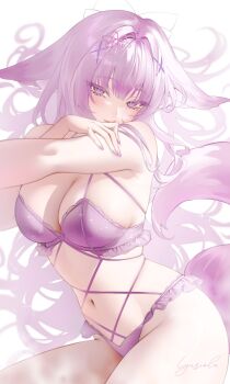 1girl absurdres bikini breasts character_request closed_mouth commentary_request commission copyright_request eyelashes hair_intakes highres long_hair lyusiola multicolored_hair navel pink_eyes pink_hair pink_nails purple_bikini shadow signature solo swimsuit tail two-tone_hair white_hair