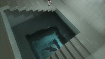 1girl backrooms_(creepypasta) blue_archive commentary dream_pool fleeing highres indoors koharu_(blue_archive) liminal_space medama_soft out_of_frame running scenery shark solo stairs tile_floor tile_wall tiles variant_set water wide_shot