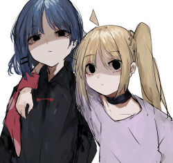 Rule 34 | 2girls, ahoge, arm on another&#039;s shoulder, black choker, black eyes, black shirt, blonde hair, bocchi the rock!, choker, commentary request, empty eyes, expressionless, half-closed eyes, highres, ijichi nijika, light frown, long hair, long sleeves, looking at viewer, mole, mole under eye, multiple girls, pikuson, shirt, short hair, short sleeves, side ponytail, simple background, sketch, upper body, white background, white shirt, yamada ryo