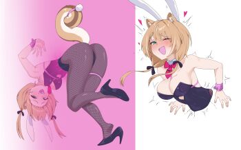 1girl :d ;d absurdres animal_ears ass ayunda_risu black_leotard black_shoes brown_hair clothing_cutout commentary cutout_above_navel detached_collar english_commentary fake_animal_ears fishnet_pantyhose fishnets full_body green_eyes hakimen heart_cutout high_heels highres hololive hololive_indonesia leotard long_hair looking_at_viewer low_twintails multicolored_hair multiple_views one_eye_closed open_mouth pantyhose playboy_bunny rabbit_ears rabbit_hole_(vocaloid) shoes simple_background smile solo squirrel_ears squirrel_girl squirrel_tail strapless strapless_leotard streaked_hair tail thigh_strap through_wall twintails virtual_youtuber white_background white_hair