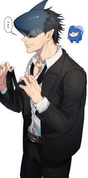 Rule 34 | ..., 1boy, beam (chainsaw man), belt, belt buckle, black hair, black necktie, buckle, chainsaw man, chibi, chibi inset, collared shirt, commentary request, dress shirt, formal clothes, from side, highres, jacket, male focus, necktie, no eyes, pointy ears, shark fin, shark head, shirt, short hair, speech bubble, suit, suit jacket, suit pants, tying necktie, user atst4853, white shirt