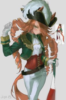 1girl animal_ears ascot belt brown_eyes brown_hair closed_mouth corset drill_hair ears_through_headwear gloves green_jacket hair_over_one_eye hat highres horse_ears horse_girl horse_tail italian_flag jacket jiye_p1 long_hair long_sleeves looking_at_viewer multiple_drills pants red_corset screenshot_inset shirt simple_background tail toni_bianca_(umamusume) umamusume umamusume:_cinderella_gray white_ascot white_gloves white_pants white_shirt