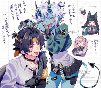 Rule 34 | 1boy, 3girls, ^ ^, animal ears, aqua jacket, asaba harumasa, black choker, black hair, black necktie, black skirt, blue oni, blue skin, blush, chibi, choker, closed eyes, colored skin, commentary request, fox ears, fox girl, hair between horns, headband, highres, horns, hoshimi miyabi, jacket, multicolored horns, multiple girls, necktie, oni, pink hair, shirt, short hair, skirt, smile, soukaku (zenless zone zero), tsukishiro yanagi, twintails, two-tone horns, usagiii e, white hair, white shirt, yellow eyes, yellow headband, zenless zone zero
