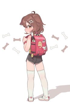 1girl absurdres aged_down ahoge animal_ears backpack bag black_shorts bone bone_hair_ornament book bracelet braid brown_eyes brown_hair child collar crime_prevention_buzzer dog_ears dog_girl dolphin_shorts flute from_behind full_body hair_ornament highres hololive instrument inugami_korone jewelry listener_(inugami_korone) looking_at_viewer low_twin_braids over-kneehighs possummachine randoseru recorder red_collar shirt shoes shorts smile socks solo spiked_bracelet spikes standing thighhighs twin_braids uwabaki virtual_youtuber white_background white_shoes white_socks white_thighhighs yellow_shirt