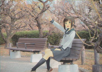 Rule 34 | 1girl, :d, anchor symbol, arm up, bench, black socks, blue neckerchief, blue skirt, blush, brown hair, commentary request, fence, from side, fubuki (kancolle), full body, green eyes, green sailor collar, grey shoes, hedge, kantai collection, kneehighs, loafers, long sleeves, looking at viewer, low ponytail, medium hair, neckerchief, open mouth, osaka (city), park bench, photo background, pleated skirt, ponytail, sailor collar, sakiecho, school uniform, serafuku, shirt, shoes, sidelocks, sitting, skirt, smile, socks, solo, tree, v, white shirt
