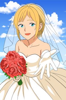 1girl absurdres aya_brea bare_shoulders bigtree blonde_hair bouquet breasts bridal_veil bride cleavage cloud commentary_request dress elbow_gloves flower gloves highres holding holding_bouquet looking_at_viewer open_mouth parasite_eve_(series) parasite_eve_i short_hair smile solo strapless strapless_dress veil wedding_dress white_dress white_gloves