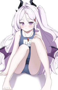 1girl ahoge blue_archive blush breasts commentary demon_girl demon_horns demon_wings highres hina_(blue_archive) hina_(swimsuit)_(blue_archive) horns long_hair looking_at_viewer low_wings old_school_swimsuit purple_eyes ruru_ru52 school_swimsuit simple_background sitting small_breasts solo swimsuit very_long_hair white_background white_hair wings