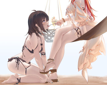 2girls ahoge ankle_strap anklet arknights arm_support bare_shoulders barefoot bikini black_bikini black_choker black_hair blue_eyes blue_nails bracelet breasts burnt_clothes cartonbox_(zhixiang_zhi) choker cleavage crossed_legs earrings feeding food frilled_bikini frills from_side full_body hammock head_out_of_frame ice_cream jewelry kneeling large_breasts long_hair looking_at_viewer looking_up medium_breasts multiple_girls nail_polish official_alternate_costume open_mouth original red_hair red_nails sandals seiza short_hair simple_background sitting solo_focus spoon sundae surtr_(arknights) surtr_(colorful_wonderland)_(arknights) swimsuit thigh_strap tongue tongue_out white_background yuri