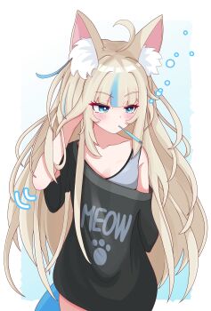 Rule 34 | 1girl, absurdres, animal ear fluff, animal ears, blonde hair, blue eyes, blush, bra, breasts, brushing teeth, cat ears, clothes writing, english text, eyelashes, fins, fish tail, highres, indie virtual youtuber, light rays, long hair, long shirt, messy hair, motion lines, multicolored hair, rei (2812q), sameko saba, short sleeves, simple background, small breasts, sports bra, sunbeam, sunlight, tail, toothbrush, underwear, very long hair, virtual youtuber