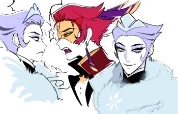 2boys andrealphus_(helluva_boss) arguing blue_hair coat demon_boy face-to-face feather_hair fur_coat glasses hair_slicked_back hellaverse helluva_boss highres humanization multiple_boys rec-ultramarine red_hair tiara vassago_(helluva_boss)