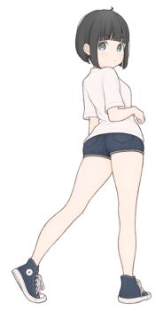 1girl 1ssakawaguchi absurdres ahoge ass back blue_shoes blue_shorts blunt_bangs blunt_ends blush bob_cut breasts closed_mouth converse denim denim_shorts dot_mouth expressionless from_behind from_side green_eyes hand_up heel_up highres ichika_(1ssakawaguchi) kneepits legs_apart light_blush looking_at_viewer looking_to_the_side original shirt shoes short_hair short_shorts shorts simple_background small_breasts sneakers solo standing star_(symbol) t-shirt white_background white_shirt white_trim