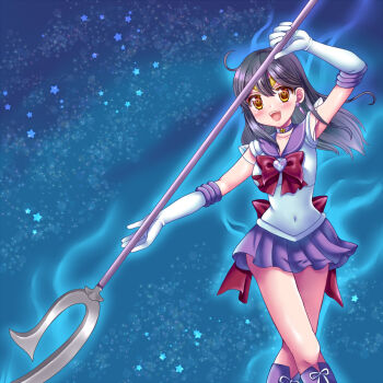 1girl ahoge aura back_bow bishoujo_senshi_sailor_moon black_hair blush boots bow breasts brooch brown_eyes choker circlet cosplay earrings elbow_gloves garnet_rod gloves hair_between_eyes heart heart_brooch holding holding_polearm holding_spear holding_weapon izumi_shara jewelry kantai_collection long_hair medium_breasts night open_mouth polearm purple_sailor_collar red_ribbon ribbon sailor_collar sailor_saturn sailor_saturn_(cosplay) sailor_senshi sailor_senshi_uniform saturn_symbol silence_glaive sky smile solo spear star_(sky) star_(symbol) star_choker starry_sky super_sailor_saturn ushio_(kancolle) weapon white_gloves