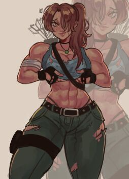 1girl abs absurdres arrow_(projectile) bandaged_arm bandages belt belt_buckle black_belt black_choker black_gloves blue_tank_top breasts brown_eyes brown_hair buckle choker cleavage closed_mouth clothes_lift commentary cowboy_shot english_commentary fingerless_gloves gloves green_pants grey_background hair_over_one_eye highres holster jewelry lara_croft large_breasts lifting_own_clothes lips long_hair looking_at_viewer muscular muscular_female necklace one_eye_covered pants panty_straps parted_bangs ponytail shirt_lift smile sweat tank_top thigh_holster tomb_raider torn_clothes torn_pants torn_tank_top widisu zoom_layer