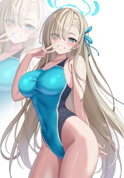 1girl asuna_(blue_archive) bare_shoulders blonde_hair blue_archive blue_eyes blue_halo blue_one-piece_swimsuit blush breasts collarbone commentary_request competition_swimsuit covered_navel eyes_visible_through_hair grin groin hair_over_one_eye halo hibika highres large_breasts long_hair looking_at_viewer one-piece_swimsuit smile solo swimsuit thighs v very_long_hair