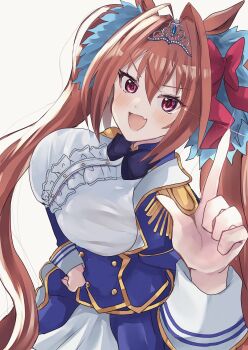 1girl animal_ears blue_jacket blush breasts brown_hair center_frills daiwa_scarlet_(peak_blue)_(umamusume) daiwa_scarlet_(umamusume) epaulettes fang framed_breasts frills hair_between_eyes hair_intakes hair_ornament hand_on_own_hip hand_up highres horse_ears horse_girl horse_tail index_finger_raised jacket juliet_sleeves large_breasts layered_skirt long_hair long_sleeves looking_at_viewer open_mouth puffy_sleeves red_eyes riiko25chan simple_background skin_fang skirt solo tail tiara twintails umamusume underbust very_long_hair white_background