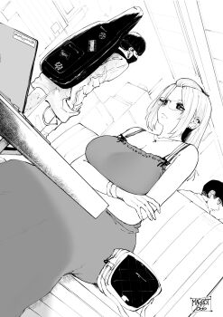1girl 2boys arms_under_breasts artist_name artist_self-insert bag bangs_pinned_back bare_shoulders bra_strap bracelet breasts cafe chair cleavage closed_mouth computer crossed_arms cup curvy dress drinking_glass drinking_straw dutch_angle earrings feet_out_of_frame folded_hair glasses greyscale guitar_case hair_pulled_back handbag highres indoors inne_sulistya_robin instrument_case jewelry laptop large_breasts long_hair mask monochrome multiple_boys necklace norman_maggot original polyphia_(band) short_hair sidelocks sigit_martinus sitting sleeveless sleeveless_dress stud_earrings table