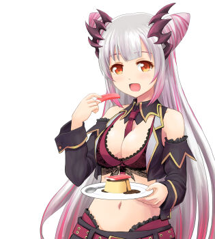 1girl bare_shoulders belt between_breasts black_shirt black_skirt black_sleeves black_vest bra breasts cleavage commentary_request cone_hair_bun cowboy_shot crop_top cropped_vest demon_horns detached_collar detached_sleeves double_bun food frilled_skirt frills front-tie_top gradient_hair grey_hair hair_bun haniwa_(leaf_garden) headgear highres holding holding_food holding_plate horns lace_shirt large_breasts long_hair long_sleeves looking_at_viewer midriff miniskirt multicolored_hair nanashi_inc. navel necktie necktie_between_breasts open_clothes open_mouth open_vest orange_eyes panties panty_straps pink_hair pink_streaks plate pleated_skirt pudding raised_eyebrows red_belt red_bra red_necktie red_panties revealing_clothes shirt side_up_bun simple_background skirt sleeveless sleeveless_shirt solo suou_patra suou_patra_(1st_costume) textless_version tied_shirt translation_request underwear upper_body very_long_hair vest virtual_youtuber white_background