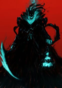 1other absurdres clenched_hand color_contrast crain1art creature floating_head glowing glowing_eyes highres holding holding_lantern holding_scythe lantern league_of_legends looking_at_viewer red_background scythe severed_head simple_background solo standing thresh_(league_of_legends)