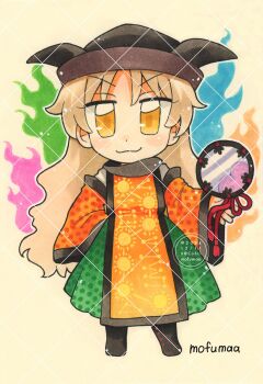 Rule 34 | 1girl, artist name, blonde hair, boots, brown boots, brown hat, chibi, chibi only, closed mouth, commentary request, constellation print, detached sleeves, drum, energy, full body, green skirt, hat, highres, instrument, long hair, long sleeves, looking at viewer, matara okina, mofumaa, orange tabard, skirt, smile, solo, sun print, tabard, touhou, traditional media, tsuzumi, very long hair, watermark, watermark grid, wide sleeves, yellow eyes