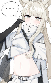 ... 1girl absurdres animal_ear_fluff animal_ears arknights black_gloves blush bright_pupils clothes_lift commentary cursor elbow_gloves embarrassed flying_sweatdrops gloves grey_eyes grey_hair hand_in_own_hair high_collar highres jacket jacket_lift kyouma1123 lifted_by_cursor long_hair midriff navel parted_lips platinum_(arknights) simple_background solo spoken_ellipsis white_background white_jacket white_pupils zipper