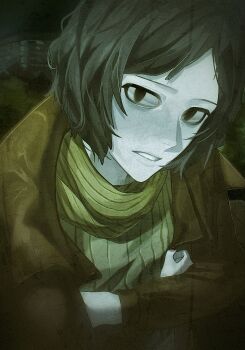 1boy absurdres bags_under_eyes black_eyes black_hair close-up coat_guy_(no_i&#039;m_not_a_human) crossed_arms head_tilt highres jacket katsumira looking_at_viewer male_focus muted_color no_i&#039;m_not_a_human parted_lips scarf shirt short_hair solo striped_clothes striped_shirt upper_body