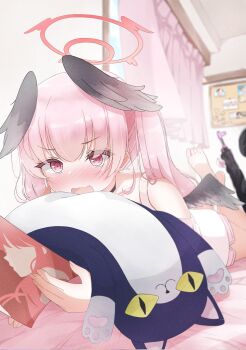 1girl alternate_costume bare_shoulders barefoot black_choker black_wings blue_archive blurry blurry_background blush book camisole casual choker commentary curtains day embarrassed eyes_visible_through_hair feathered_wings foreshortening hair_between_eyes hair_over_shoulder halo head_wings highres holding holding_book indoors kaorun_(momiji_hourensou) knees_out_of_frame koharu_(blue_archive) leg_up long_hair low_wings lying missing_headwear nose_blush on_stomach open_mouth photo_(object) pink_eyes pink_hair reading red_halo solo stuffed_animal stuffed_cat stuffed_toy the_pose twintails v-shaped_eyebrows wavecat_(blue_archive) wavy_mouth white_camisole window winged_halo wings
