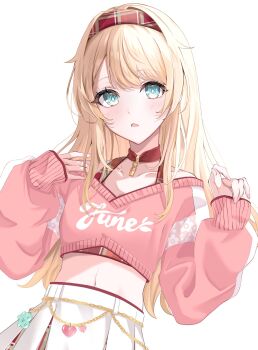 1girl blonde_hair blue_eyes blush commentary_request hair_between_eyes hair_ornament hairband highres hololive holox kazama_iroha long_hair looking_at_viewer navel open_mouth simple_background skirt solo tilu virtual_youtuber white_background