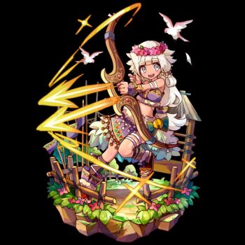 1girl :d arrow_(projectile) bandeau bare_shoulders bell bird black_background blush bow_(weapon) breasts dark-skinned_female dark_skin fence flower full_body grey_eyes head_wreath highres holding holding_bow_(weapon) holding_weapon leaf lifar_(merc_storia) long_hair low-tied_long_hair low-tied_sidelocks medium_breasts merc_storia merc_storia_art_team official_art open_mouth outstretched_arm pink_flower purple_skirt sandals shirt side_slit sidelocks simple_background skirt smile solo standing tachi-e teeth thigh_strap thighhighs tree upper_teeth_only weapon white_shirt wooden_fence