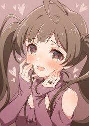 Rule 34 | 1girl, ahoge, bare shoulders, blush, breasts, brown eyes, brown hair, cleavage, cleavage cutout, clothing cutout, dot nose, dress, goma konbu, hakozaki serika, hand on own cheek, hand on own face, hands up, heart, heart in eye, highres, idolmaster, idolmaster million live!, idolmaster million live! theater days, jewelry, long hair, long sleeves, looking at viewer, open mouth, pink background, pink dress, ring, shoulder cutout, simple background, sleeves past wrists, small breasts, smile, solo, symbol in eye, twintails, very long hair, yandere