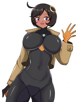 1girl black_hair bodysuit breasts captain_rs_(evil_utdm) dark-skinned_female dark_skin emma_(pokemon) gloves jacket large_breasts long_sleeves looking_at_viewer nintendo pokemon pokemon_legends:_z-a purple_eyes short_hair