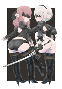 2b_(nier:automata) 2b_(nier:automata)_(cosplay) 2girls a-maki_tasuke absurdres ass back_cutout black_background black_boots black_corset black_gloves black_hairband black_panties black_thighhighs blindfold boots border breasts character_request clothing_cutout commentary_request corset cosplay covered_eyes expressionless feather-trimmed_sleeves final_fantasy final_fantasy_xiv from_behind full_body gloves hairband high_heel_boots high_heels highleg highleg_leotard highres holding holding_sword holding_weapon juliet_sleeves katana lalafell large_breasts leotard long_hair long_sleeves medium_breasts multiple_girls nier:automata nier_(series) outside_border panties pear-shaped_figure pink_hair pointy_ears puffy_sleeves short_hair shortstack standing standing_on_one_leg sword thigh_boots thighhighs thong_leotard underwear virtuous_contract weapon white_border white_hair white_leotard
