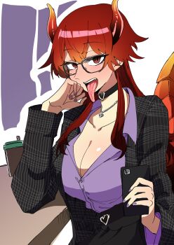 1girl absurdres black_choker black_jacket blush breasts cafe cellphone choker cleavage collared_shirt dola_(7th_costume)_(nijisanji) dola_(nijisanji) dragon_girl dragon_horns dragon_tail glasses gradient_horns hair_between_eyes hand_on_own_cheek hand_on_own_face head_rest highres horns jacket jewelry large_breasts long_hair long_sleeves looking_at_viewer multicolored_horns nijisanji open_clothes open_jacket orange_horns phone purple_shirt red_eyes red_hair shirt skirt smartphone smile solo table tail tongue tongue_out tsuukon_(tukonn) unbuttoned unbuttoned_shirt virtual_youtuber