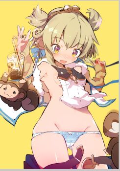 1girl animal_ears blonde_hair blush caburi cameltoe cup hair_ornament highres light_brown_hair monkey multicolored_eyes open_mouth panties underwear
