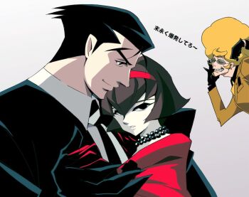 1girl 2boys afro android black_eyes black_hair blonde_hair bob_cut dress eyebrows facial_hair formal_clothes glasses gloves goatee hairband imasan jason_beck jewelry multiple_boys necklace pale_skin pearl_necklace r_dorothy_wayneright red_hair roger_smith short_hair sideburns suit the_big_o