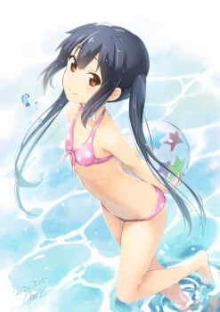 1girl ball bikini black_hair breasts brown_eyes dated errant highres k-on! long_hair looking_at_viewer nakano_azusa small_breasts smile solo swimsuit twintails water