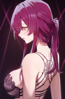 1girl absurdres back bare_shoulders black_bra blush bra breasts closed_mouth commentary english_commentary highres honkai:_star_rail honkai_(series) kafka_(honkai:_star_rail) lace lace-trimmed_bra lace_trim large_breasts lingerie long_hair looking_afar looking_ahead median_furrow open_mouth pink_eyes pink_hair ponytail purple_background purple_eyes purple_hair solo underwear upper_body vitaminechan