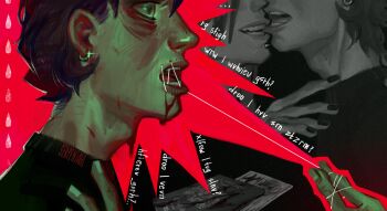 Rule 34 | 1boy, absurdres, annotated, blood, blood from mouth, blue eyes, chin piercing, earrings, english text, face piercing, highres, hoop earrings, jewelry, male focus, multiple views, no i'm not a human, open mouth, partially colored, piercing, purple hair, self-harm, serpentahl, short hair, stitched mouth, stitches, upper body, wide-eyed, wireface (no i'm not a human)