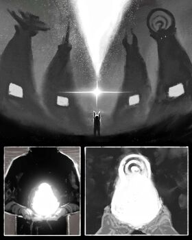 1boy artist_name child dipsy divine_entity gift glowing glowing_eyes greyscale highres holding holding_gift horns jr_(jarsarts) laa-laa monochrome po_(teletubby) reaching static stuffed_animal stuffed_toy teletubbies television tinky_winky