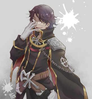 Rule 34 | 1boy, adjusting eyewear, bandolier, belt, black coat, black hair, brown belt, chain, chiya (beastbeast), coat, commentary request, emblem, epaulettes, glasses, gloves, grey background, grey gloves, looking at viewer, male focus, military uniform, open mouth, ragnarok online, rebellion (ragnarok online), red eyes, short hair, smile, solo, upper body