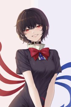 1girl absurdres belt_collar black_collar black_dress black_hair blue_wings bow bowtie buttons collar commentary_request dress grin hair_between_eyes highres houjuu_nue looking_at_viewer parted_lips red_bow red_bowtie red_eyes red_wings short_hair short_sleeves simple_background smile solo son_(c100011) tomoe_(symbol) touhou upper_body white_background wings