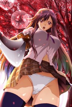 1girl black_hair black_thighhighs blouse bow bow_panties breasts cherry_blossoms female_focus foreshortening from_below highres katana lace lace-trimmed_panties lace_trim large_breasts lens_flare long_hair original panties pantyshot plaid_clothes plaid_skirt pleated_skirt red_eyes ribbon school_uniform shirt skirt solo standing switch01 sword thighhighs tree underwear upskirt weapon white_panties wind wind_lift