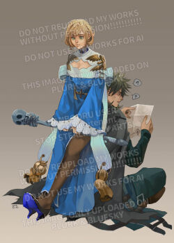 1boy 1girl ? back-to-back black_eyes blonde_hair blue_dress blue_eyes blue_shoes brown_pantyhose cardinal_(ragnarok_online) chinese_commentary cleavage_cutout closed_mouth clothing_cutout commentary_request cross dress frilled_sleeves frills full_body green_hair green_pants green_shirt grey_background grey_cloak high_heels holding holding_map holding_staff long_dress long_sleeves map open_mouth pants pantyhose ragnarok_online shadow_cross_(ragnarok_online) shirt shoes short_hair side_slit simple_background sitting spoken_question_mark staff standing two-tone_dress watermark white_dress z.i