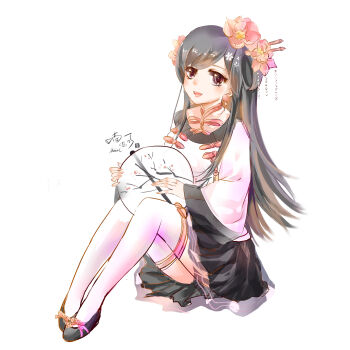 1girl absurdres beads black_hair black_shoes black_skirt chinese_clothes chinese_text commentary_request eyelashes flats flower full_body grey_eyes hair_beads hair_flower hair_ornament hair_rings hairpin hand_fan happy highres holding holding_fan light_blush long_hair long_sidelocks long_sleeves looking_at_viewer miniskirt miracle_nikki muriel_miaoke neck_ribbon nikki_(series) open_mouth peony_(flower) pink_flower pink_ribbon pleated_skirt ribbon shadow shirt shoes sidelocks signature simple_background skirt smile solo straight_hair stylist_(nikki) teeth thighhighs translation_request tuanshan upper_teeth_only variant_set very_long_hair white_background white_shirt white_thighhighs wide_sleeves